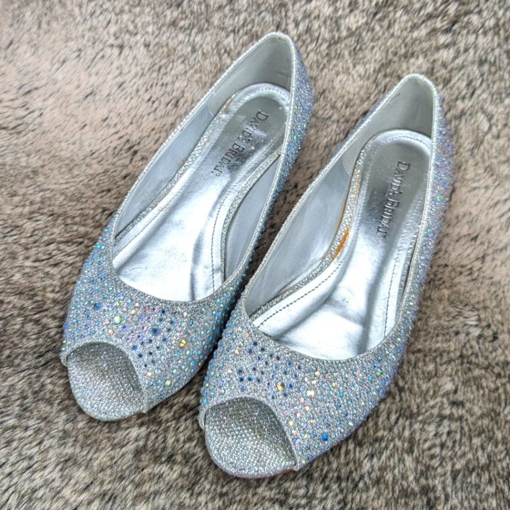 David's Bridal Peep Toe Low Wedge Silver AJUSTIN10 Women's 7 - Picture 8 of 11